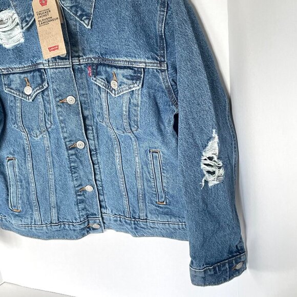 Levis Ex-Boyfriend Women's Distressed Destroy Retro Denim Trucker Jean Jacket - Picture 5 of 9